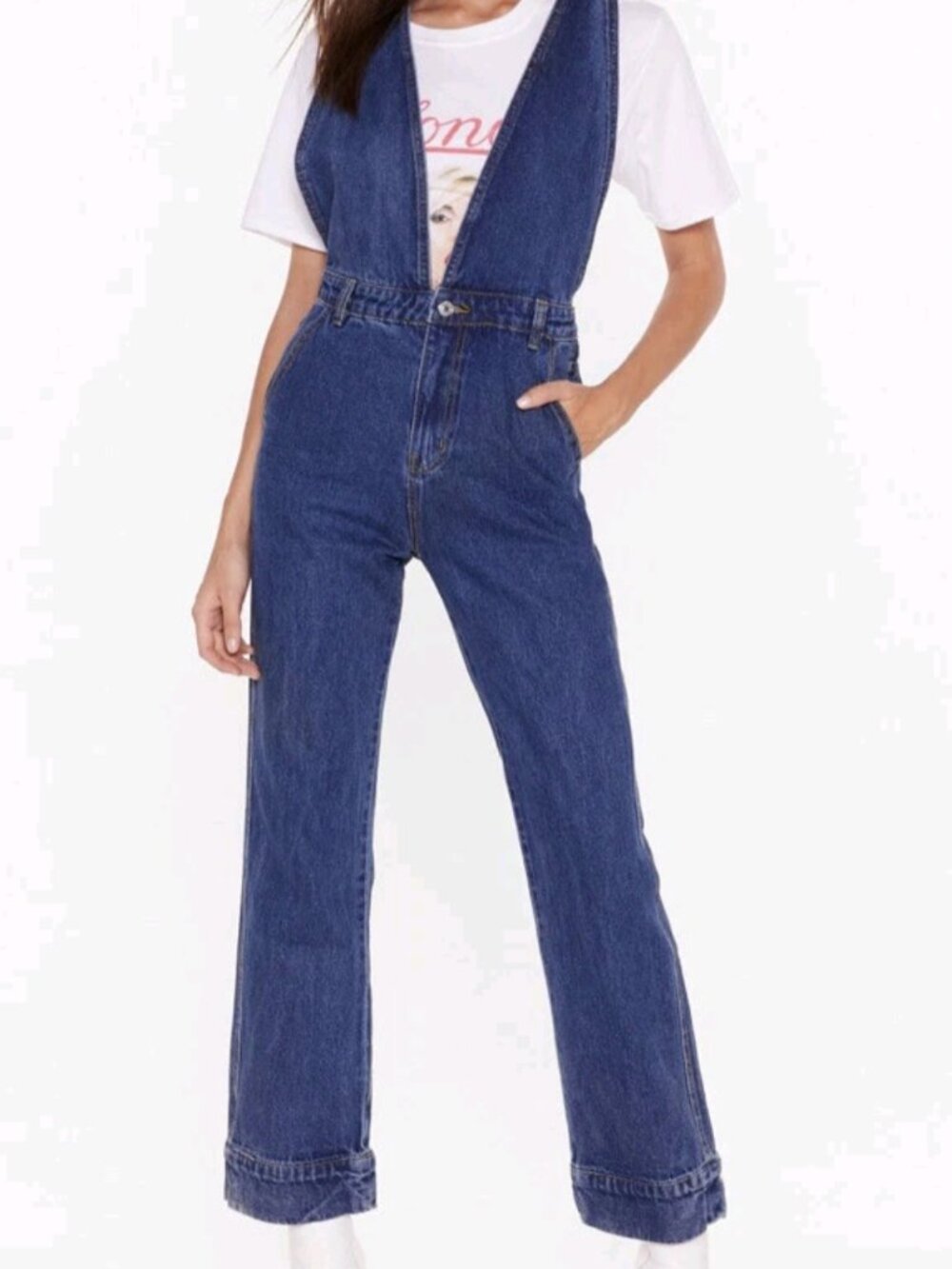 Momokrom Deep V Plunge Denim Overalls Jumpsuit - Medium